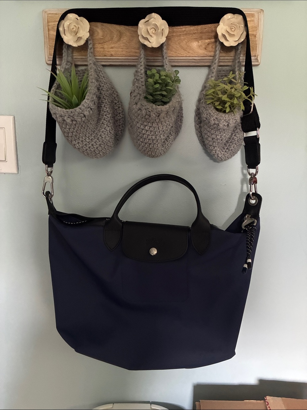 Longchamp Navy Blue and Black Le Pliage Large Satchel crossbody